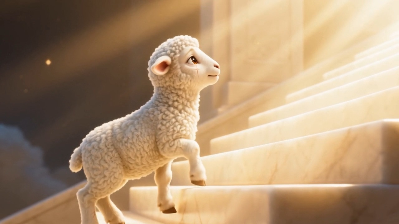 A small white lamb climbing steps of light into the radiance of the throne