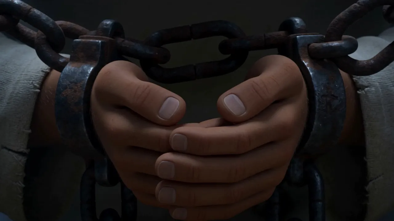 In the next bowl: a stone cell, and two hands folded inside irons