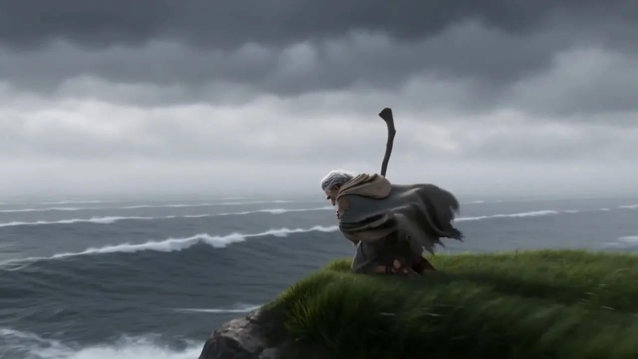 And in the third bowl: a headland over a grey sea, and a figure kneeling in the wind