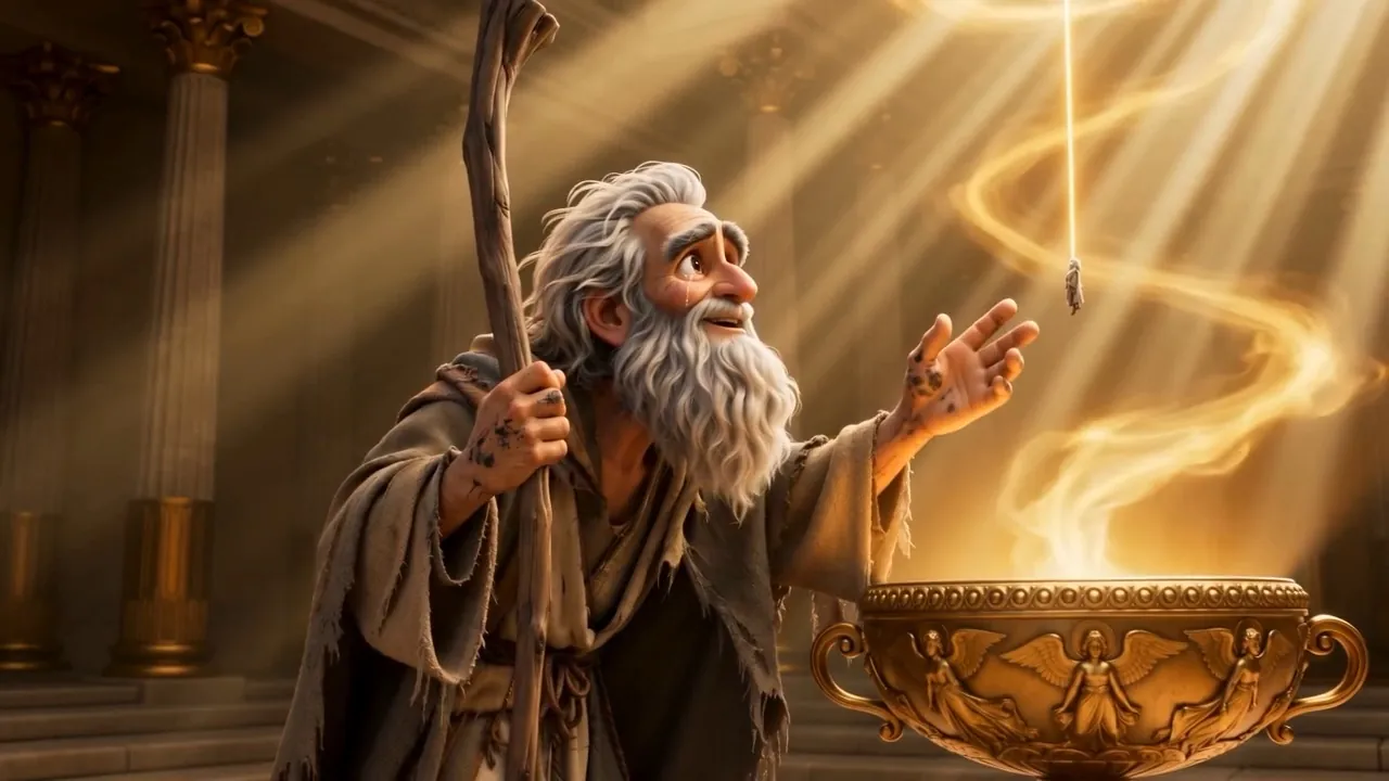 An old man reaching toward the smoke of a golden bowl