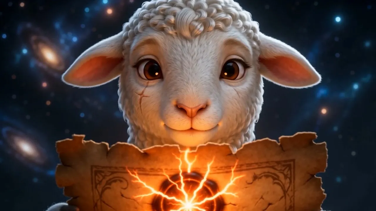 The Lamb stands calm beneath the building light. It does not flinch