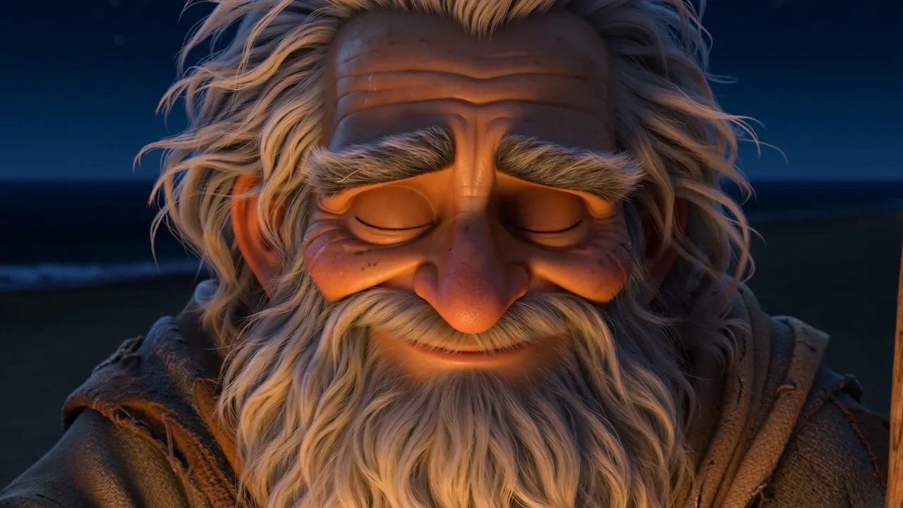Across the fire the old man listens with his eyes closed