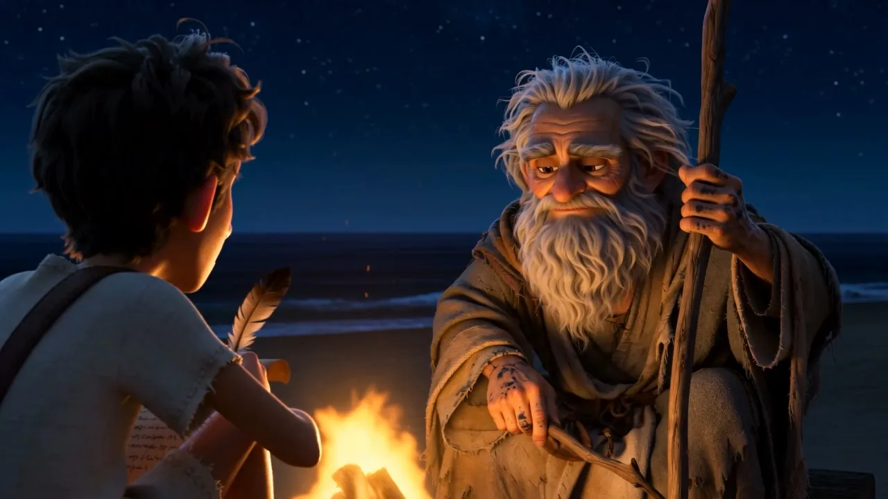 Then he leans in and pokes the fire, and says nothing yet