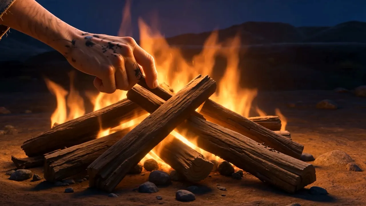 The poked fire answers with a burst of sparks