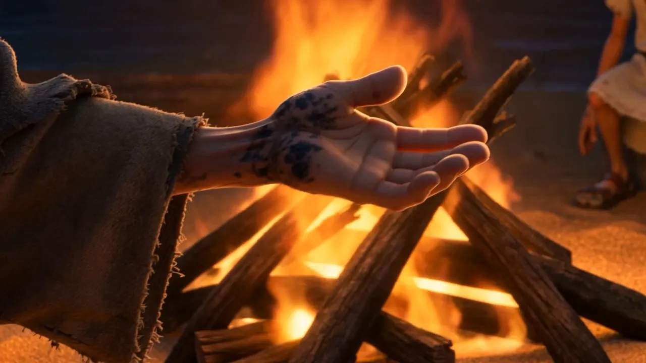 Two old hands rise into the firelight — a living pair of scales