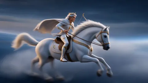 A crowned rider in white gallops a white horse through cloud above the curve of the earth, a golden bow slung at his back.