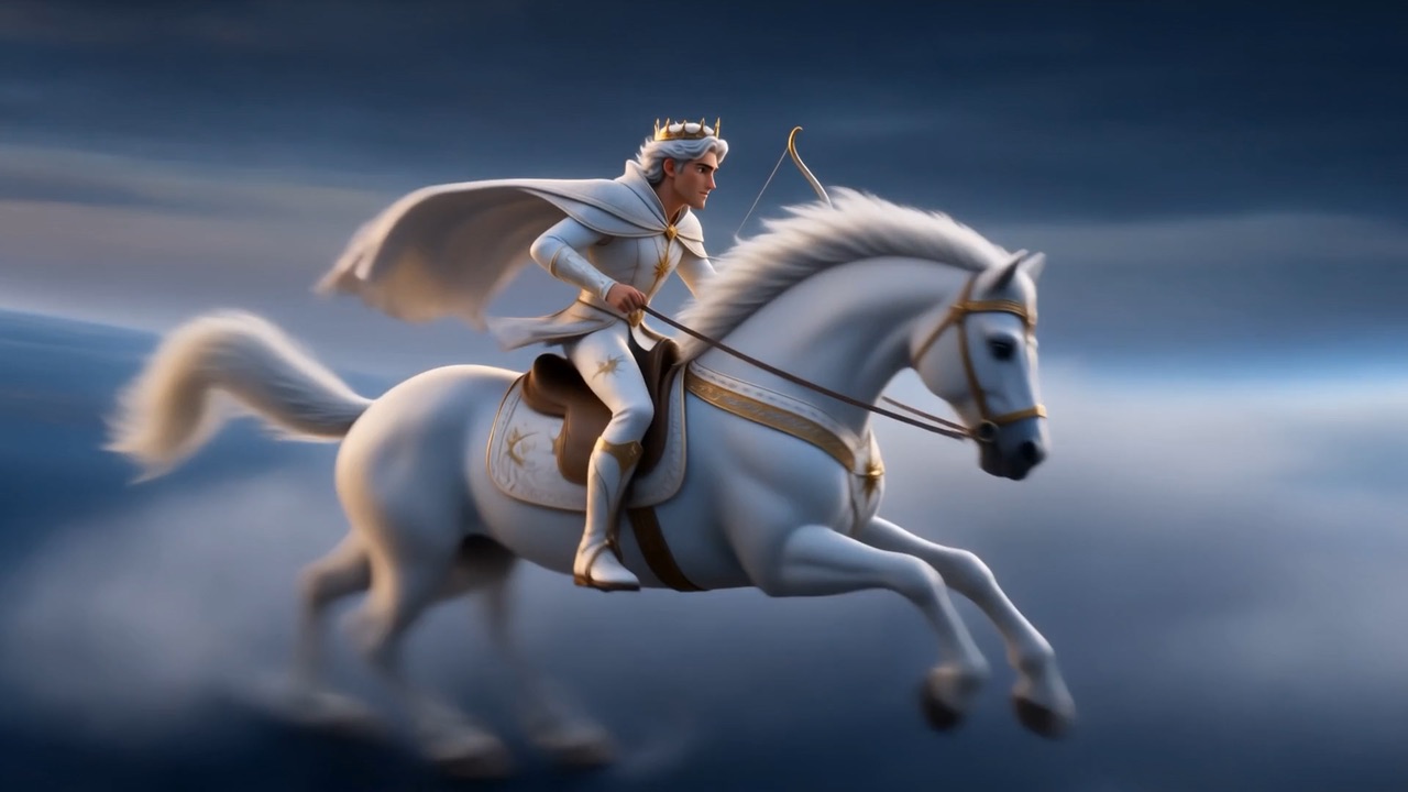 A crowned rider in white gallops a white horse through cloud above the curve of the earth, a golden bow slung at his back.