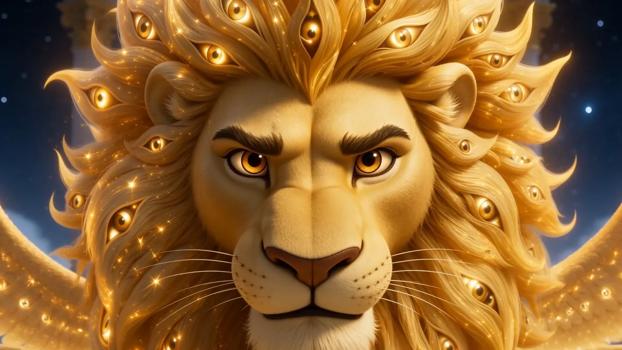 The lion-creature at the rim, mane like a slow fire, every feather watching