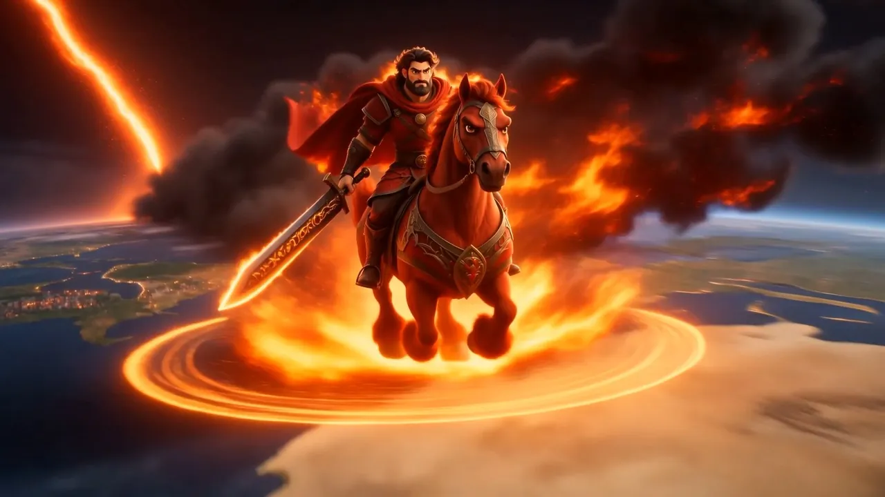 A red horse — an ember-storm on a horse's frame — dragging smoke like a cloak