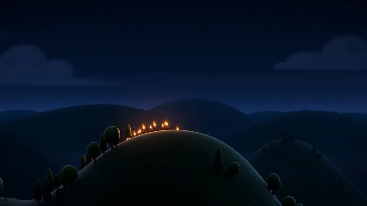 On a hilltop in the dark, torches gather — small hard lights, edging to the brow