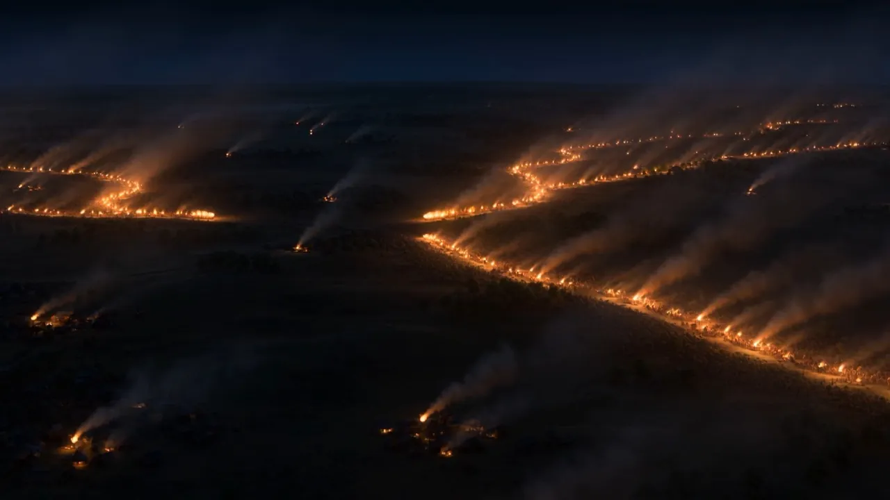 And the whole world lies veined with firelight, its warm clusters fewer, and huddled