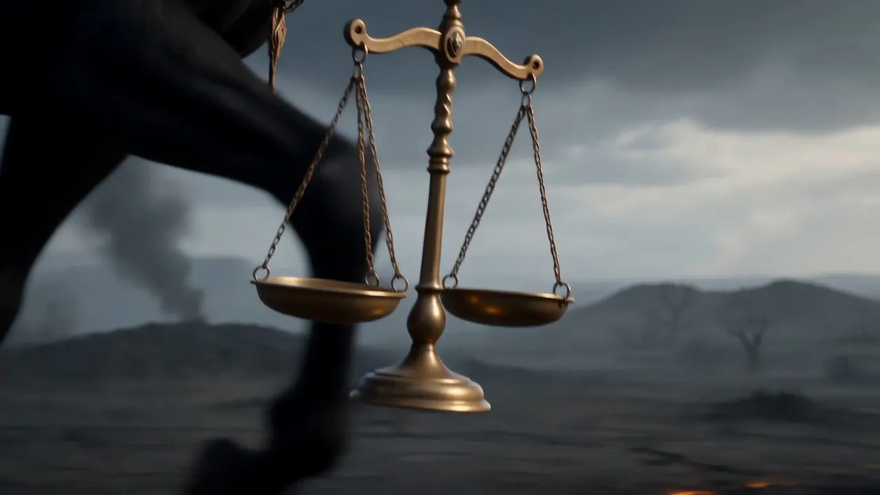 In his hand, a merchant's balance, swaying