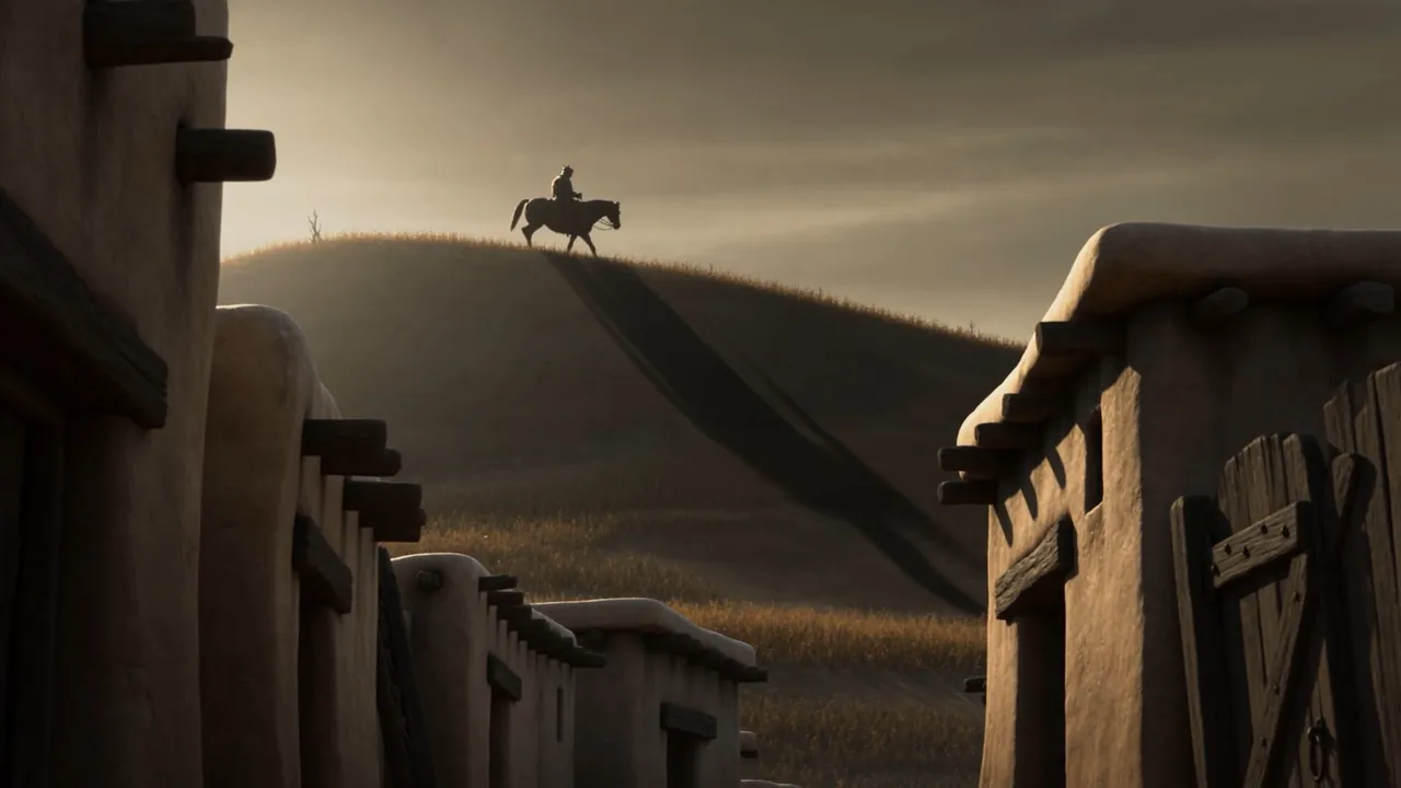 On the ridge above the roofs the black horse goes by, unhurried