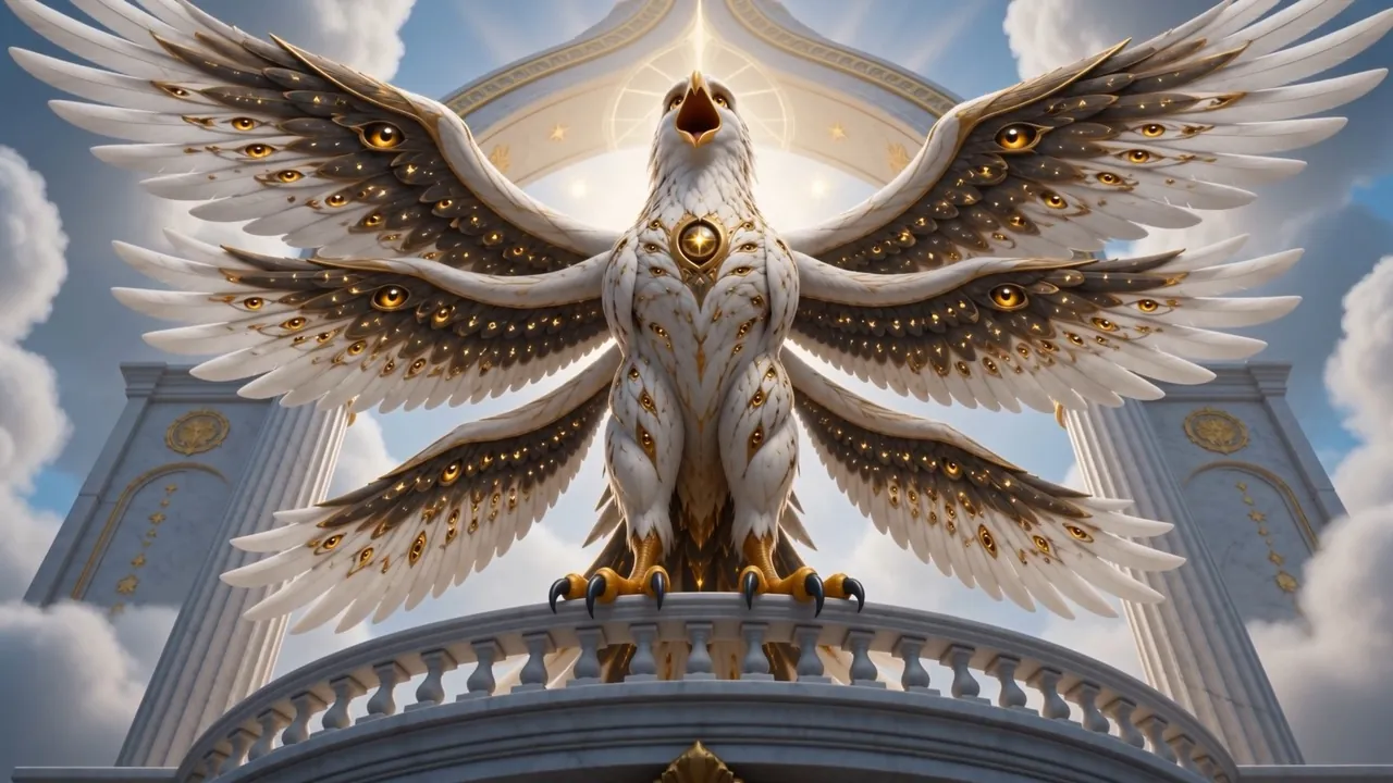 The eagle-creature spreads a wingspan like weather and gives the fourth cry
