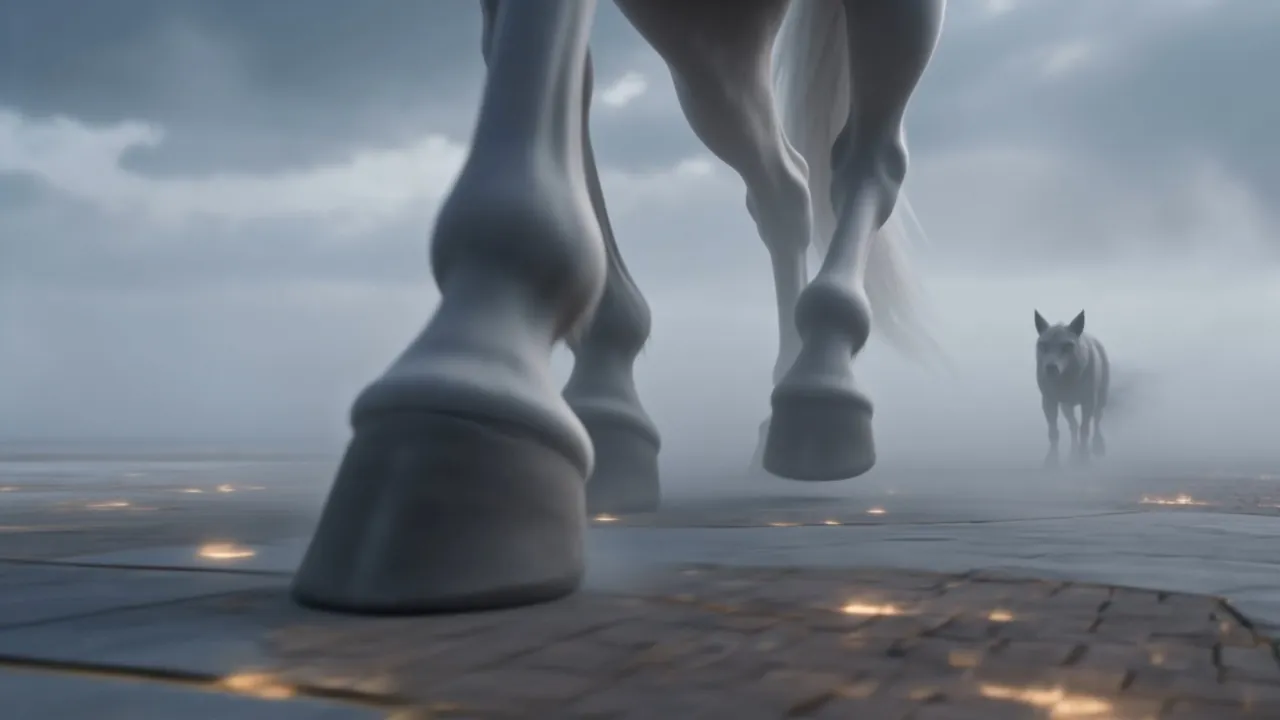 Behind them a low gray shape pads along, patient, keeping to heel