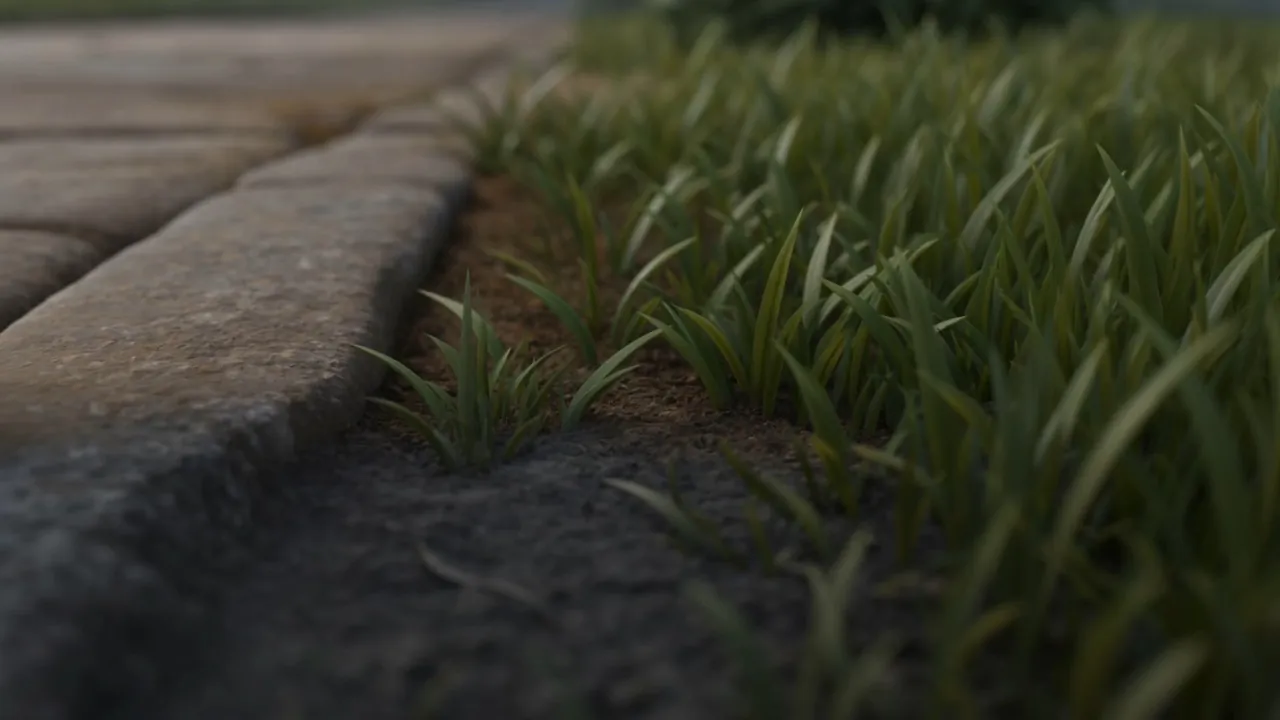 At the lane's edge, green blades