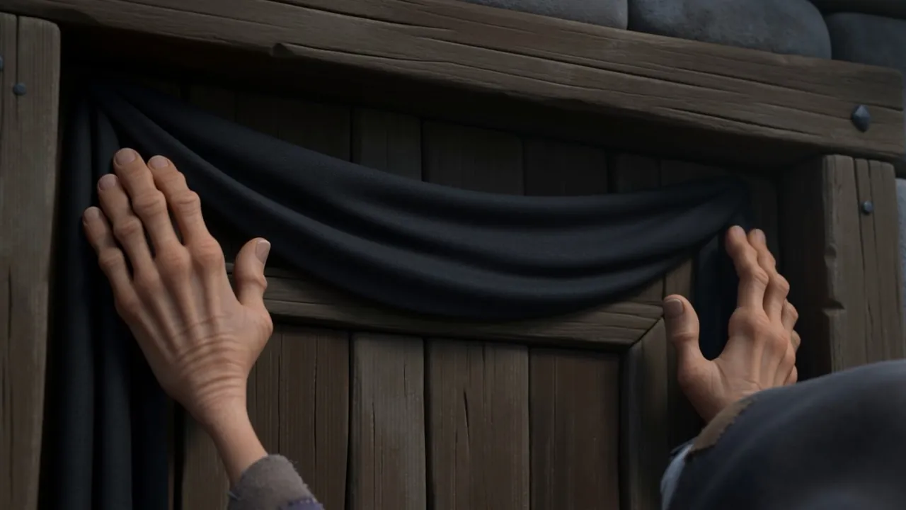 Old hands pin dark cloth over a doorway. Then another across the way. Then a third