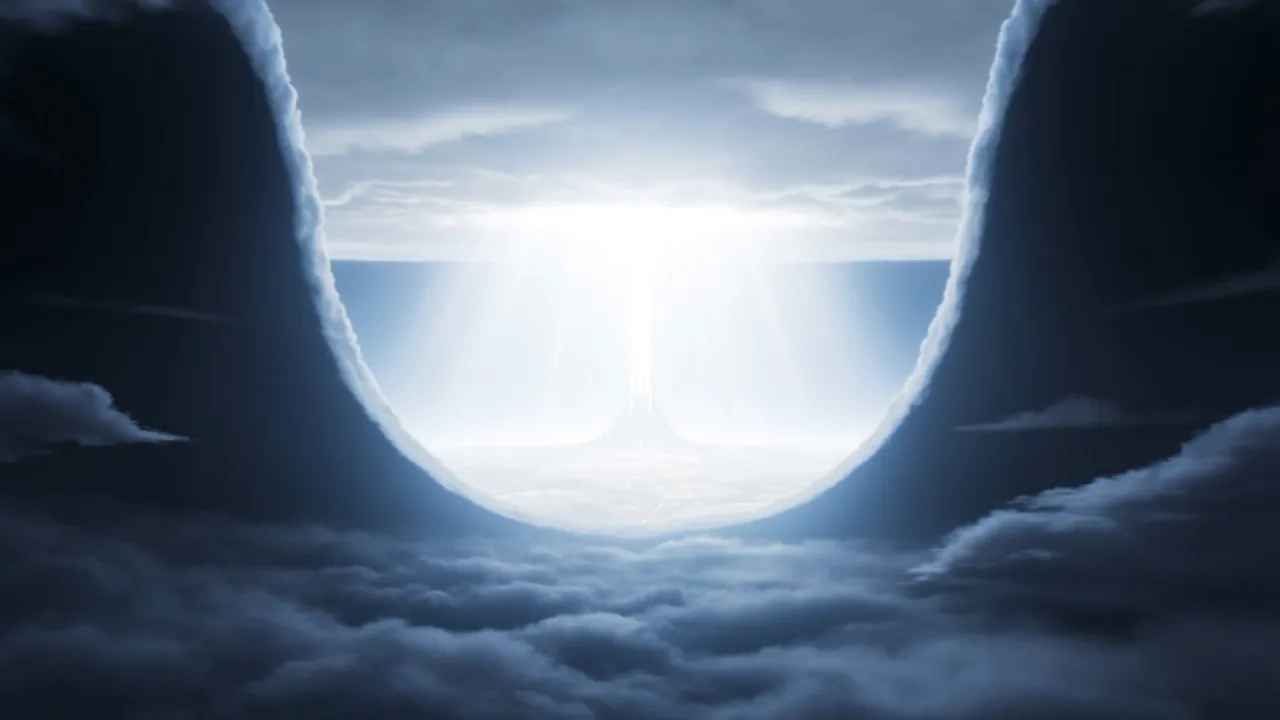 And the sky rolls up — both halves at once, curling away toward its edges