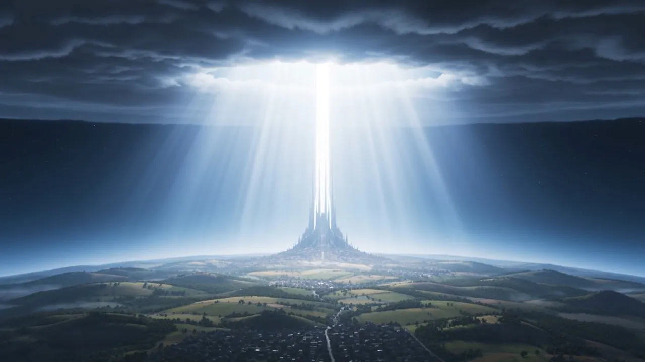 The land goes shadowless — every hill and street lit from directly above