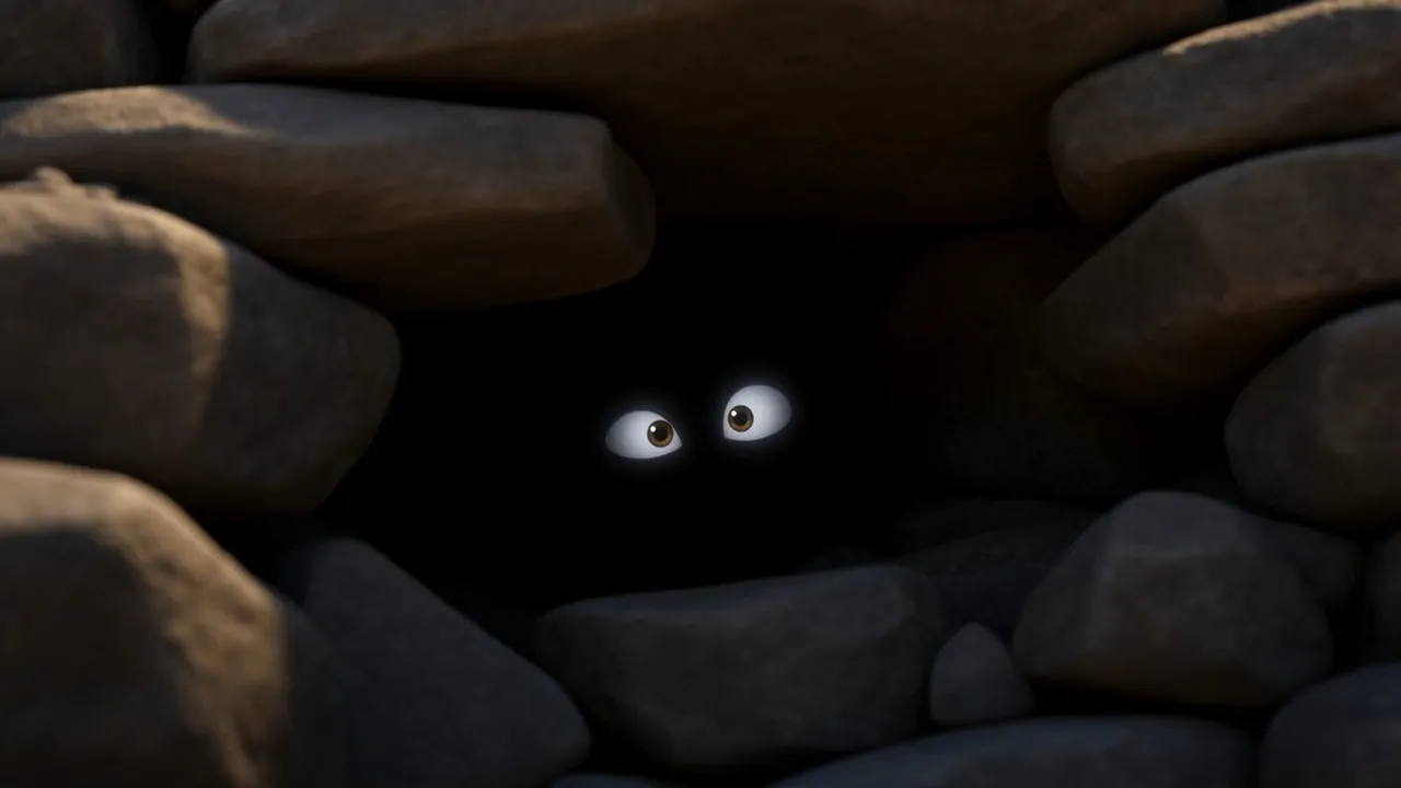 A black seam between the rocks — and behind it, the glitter of hiding eyes
