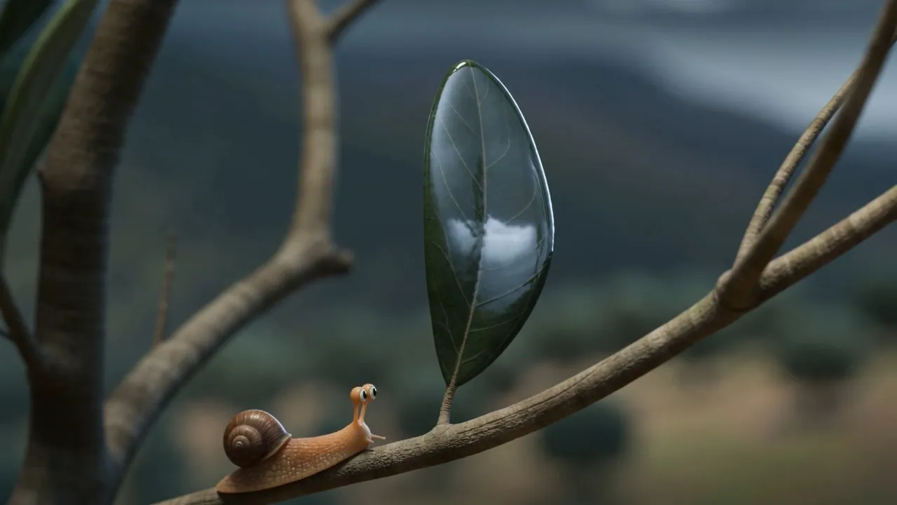 A snail crossing a branch at snail's pace, entirely safe