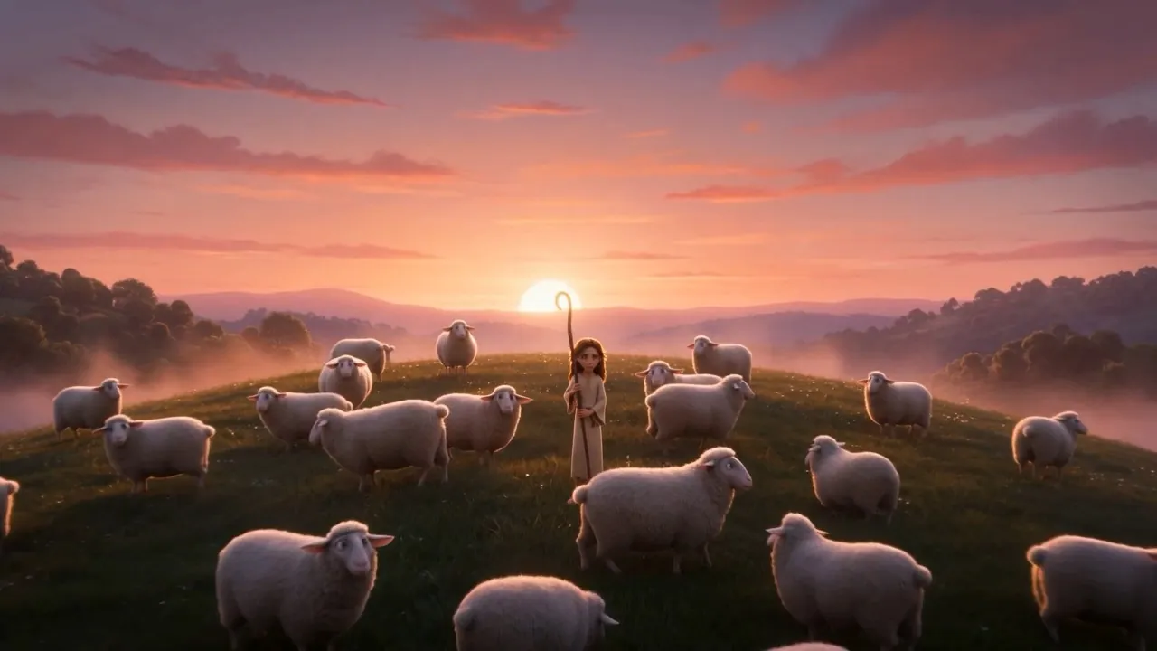 On a hillside at dawn, a shepherd child counting sheep against the sunrise