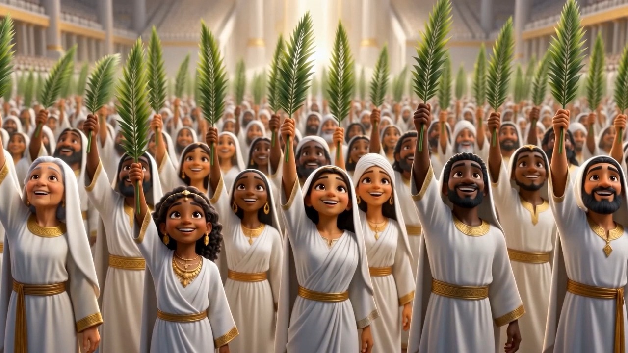 A vast crowd in white robes lifts palm branches together in the light of heaven, faces of every age and nation turned upward.