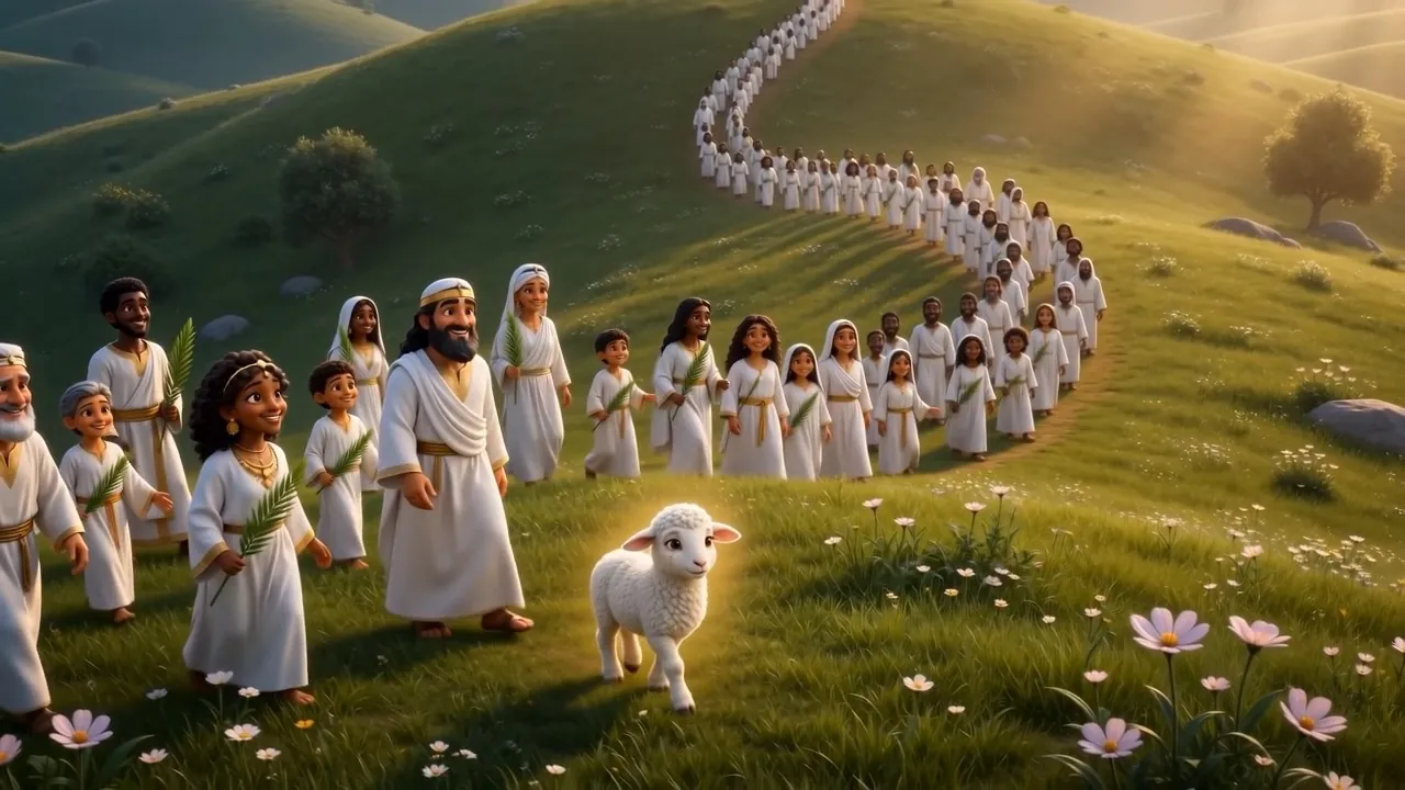 The Lamb walks out ahead through deep meadow grass. Small. White. Leading