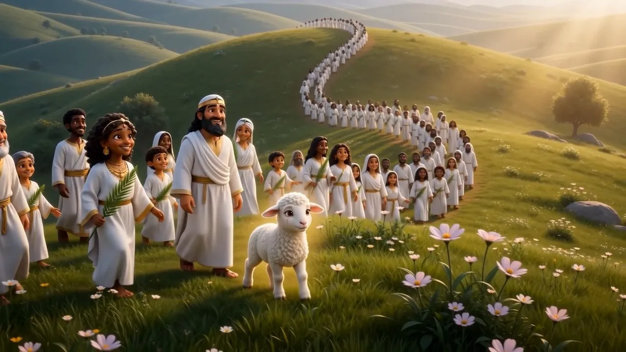 And the whole numberless crowd follows — a white river over the green shoulders of heaven