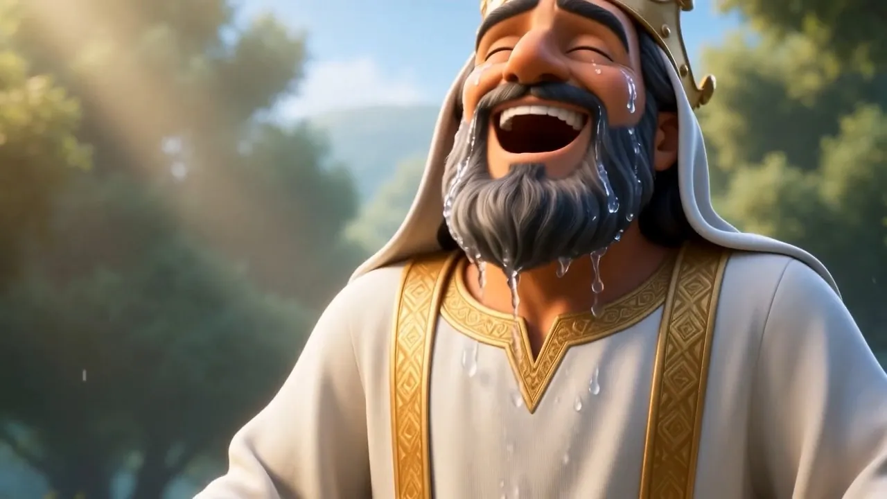 The old king she soaked blinks — then laughs, head back, like a boy