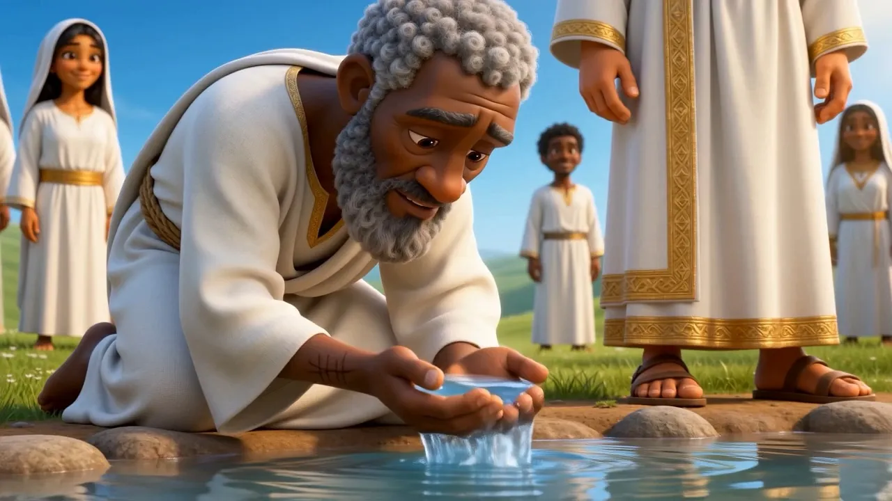A gray-headed man kneels at the water's edge