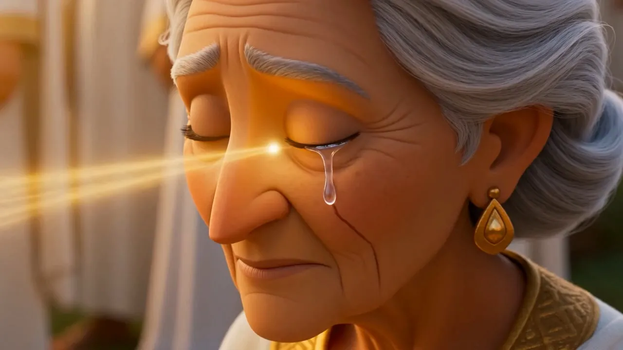 A warm light crosses her face, like the shadow of a hand made of sun