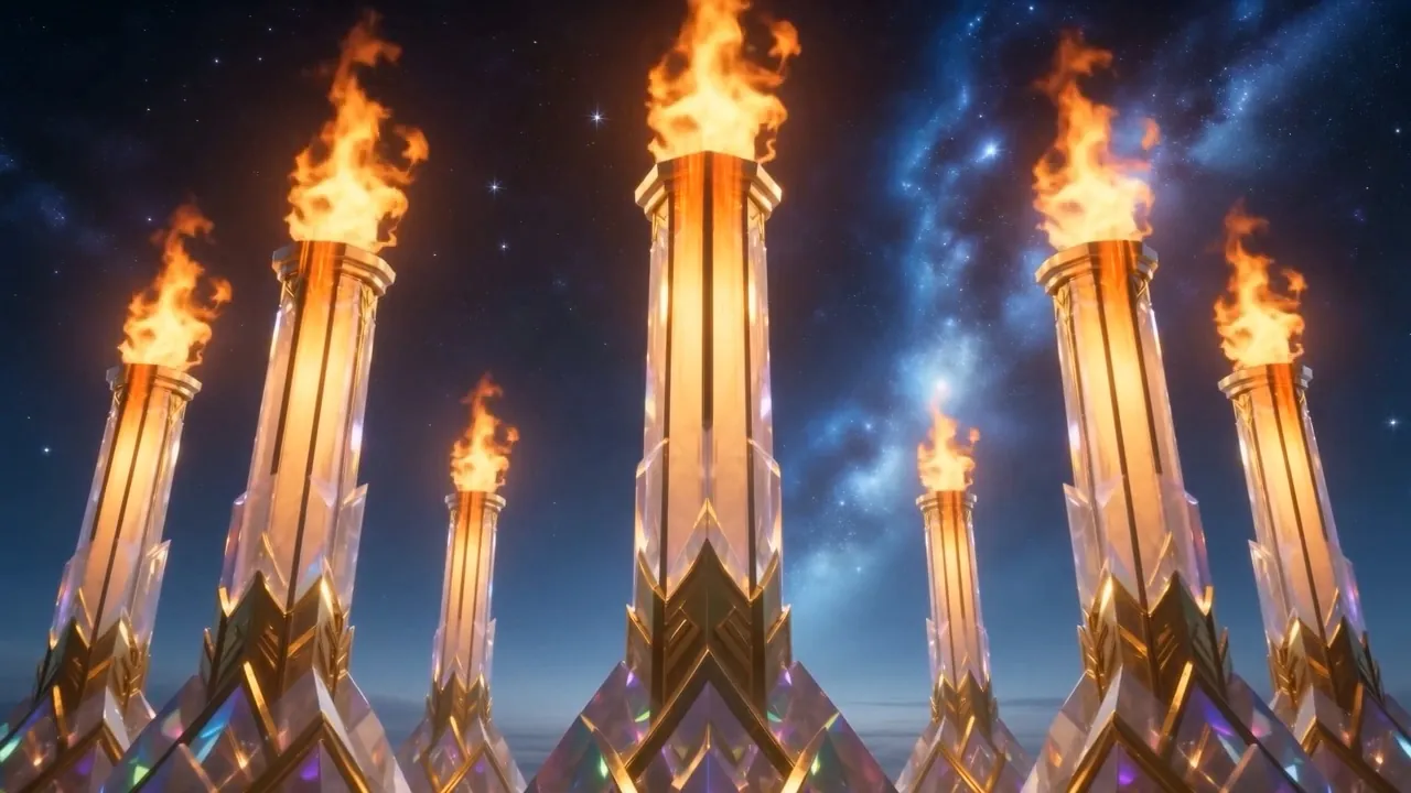 Seven great lamps, and every flame standing perfectly straight
