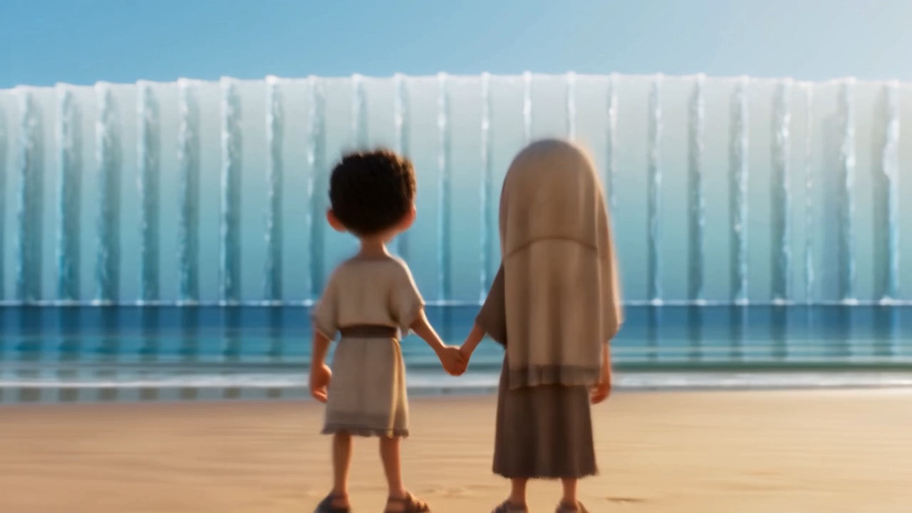 Two children stand hand in hand on a sunlit beach, facing a sea whose waves have stopped mid-curl into a long wall of still glass.