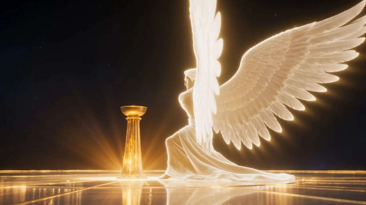 He turns from the altar, toward the far rim of heaven