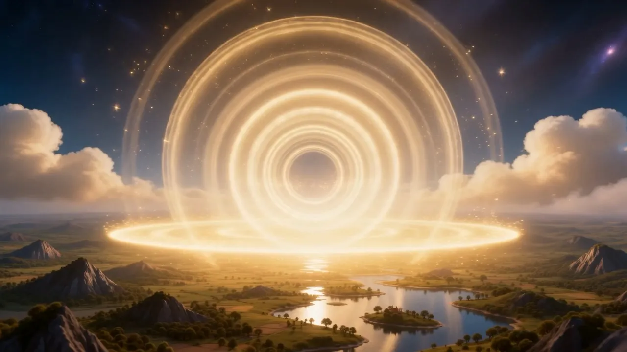 Ring inside ring, standing over a green valley like a struck bell made visible