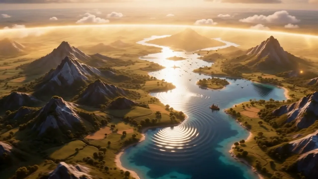 It crosses the map below — hills shivering, lakes wrinkling, birds lifting ahead of it
