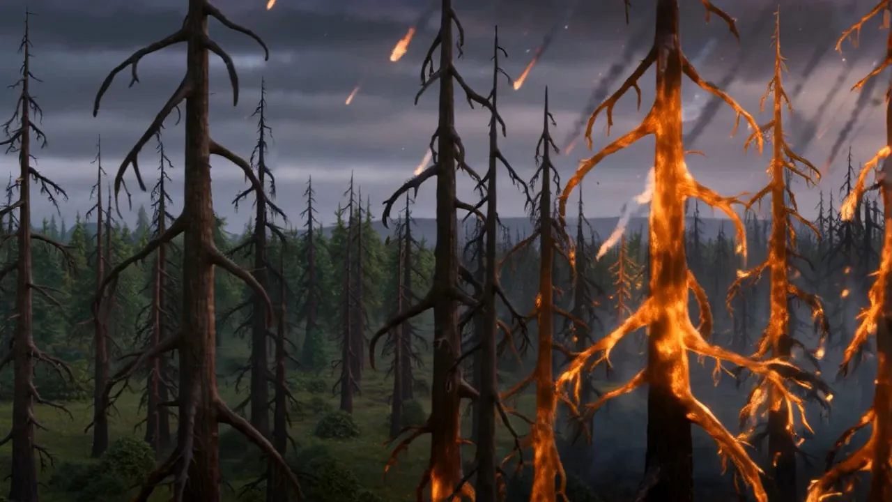 Where the sweep touches, the great forest chars — not blazing, blackening