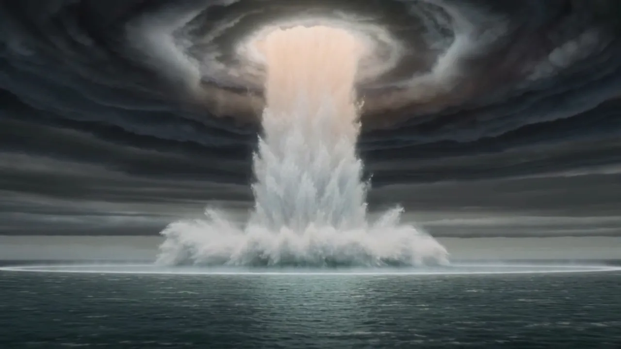 A pillar joining sea to sky, glowing from within, unhurried in its enormity
