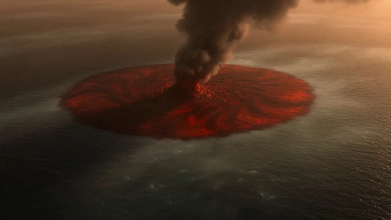 Around it the water darkens — deep red blooming outward like ink dropped in a glass