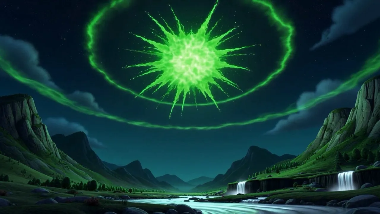 It bursts low over the valleys in one silent green flash