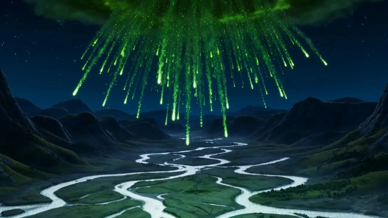 Its glowing dust rains down across the braided silver waterways