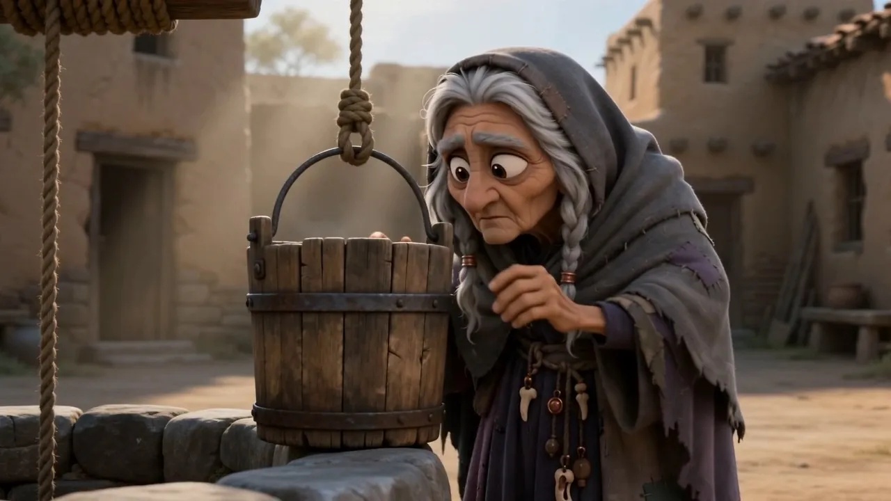 The bucket comes up brimming. She swings it to the well-ring — and pauses