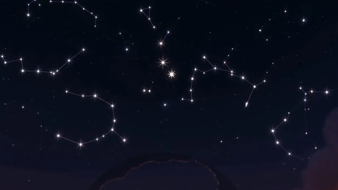Constellations with teeth knocked out, and a bitten moon coming up under them