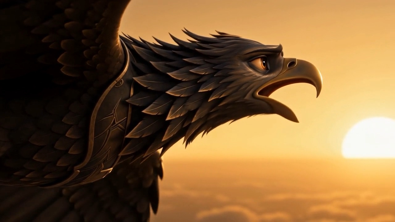 A great storm-bronze eagle in profile, beak open in mid-cry, the low sun burning behind it above a floor of amber cloud.