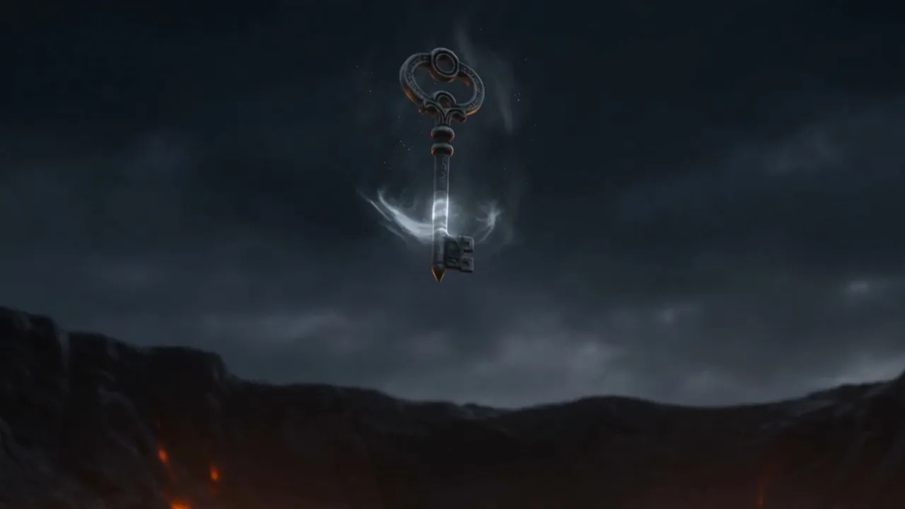 Out of the fallen star's last light, a key descends — long, dark, ancient