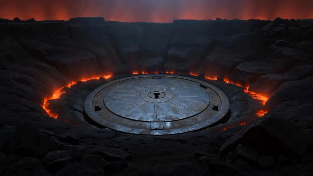 A blasted highland, and set flush in the scorched rock: a great round iron lid