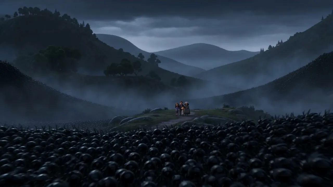 The swarm-tide pours down the valley floor — and ahead of it, on the road, a family walking