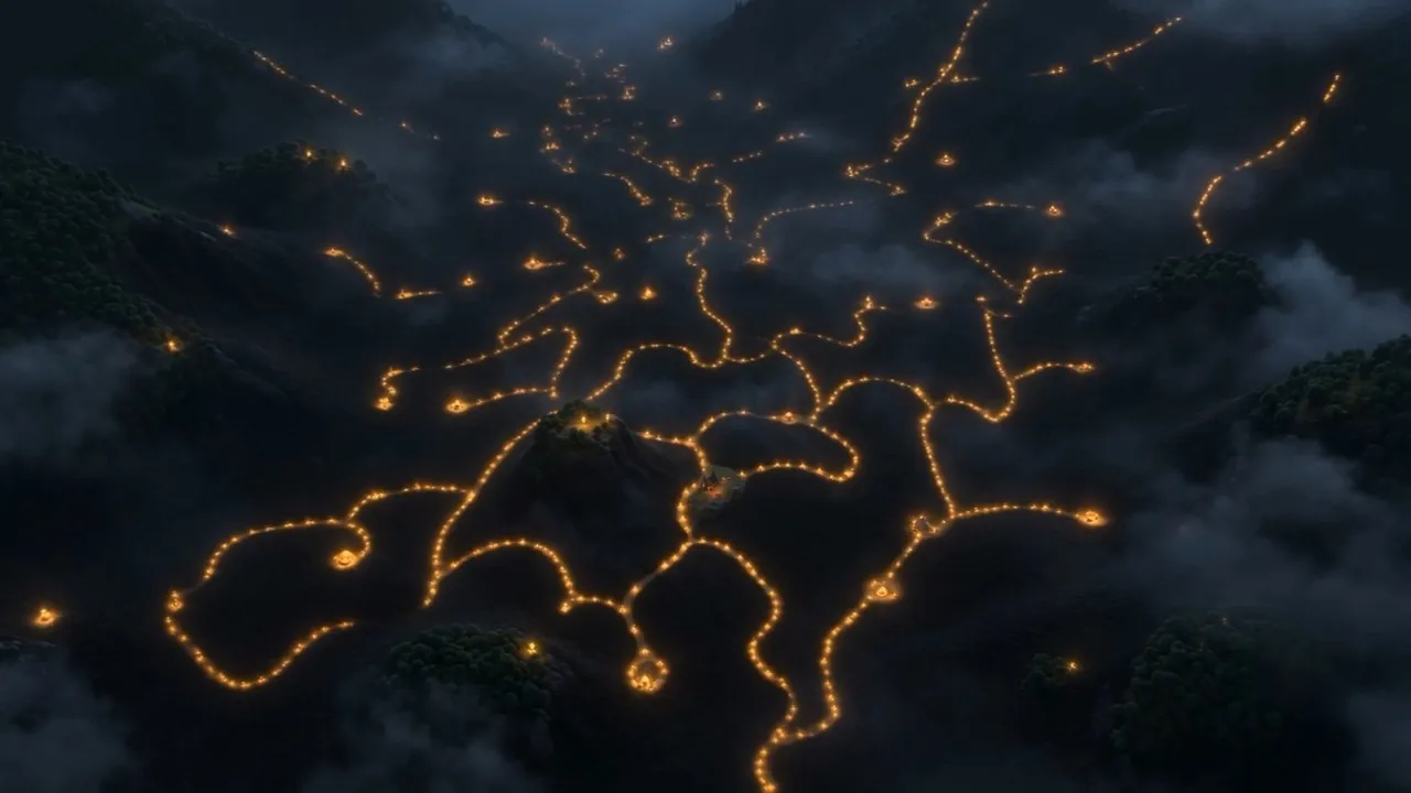 From above, the flooded valley is veined with threads of gold