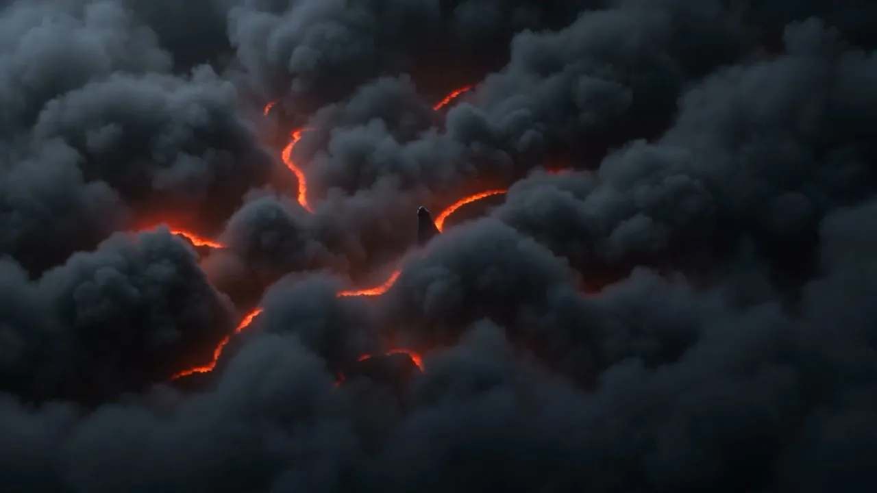 High in the smoke, above the flowing swarm, something rides